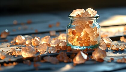 Wall Mural - Radiant crystalline fragments in a glass jar illuminated by warm sunlight, showcasing the elegance of raw natural beauty and texture