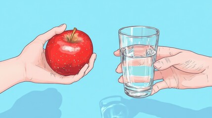 Wall Mural - The hand holds a red apple, the other hand holds a glass of water, symbolizing healthy choices and balance. Focus on nutrition and well-being. The concept of awareness of a healthy lifestyle. AI