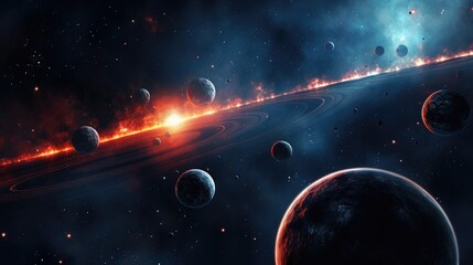 Wall Mural - a stunning view of a fiery planet with rings, surrounded by a vast expanse of space.