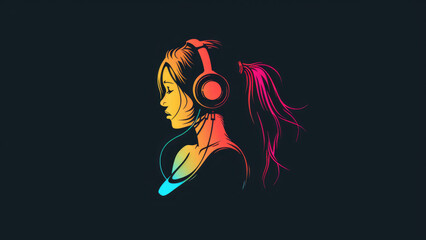 silhouette of two girls wearing headphones against a vibrant neon background