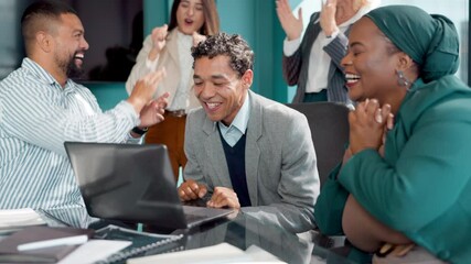 Poster - Excited, high five and business people in office for meeting for success, partnership or agreement. Celebration, diversity and group of professional creative designers applause for goal in workplace