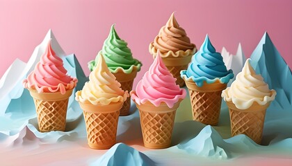 Wall Mural - Delightful soft serve ice creams in waffle cones amid a whimsical pastel landscape of paper mountains