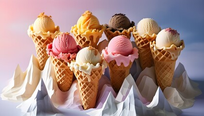 Wall Mural - Delightful soft serve ice creams in waffle cones amid a whimsical pastel landscape of paper mountains