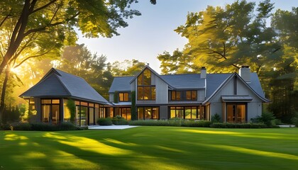 Canvas Print - Serene modern home nestled in lush greenery, illuminated by golden sunlight, offering a tranquil suburban retreat ambiance