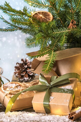 Wall Mural - christmas gift zero waste, eco friendly hand made box packaging gifts in kraft paper wooden table, e