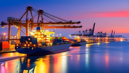 Wall Mural - Vibrant port scene at dusk featuring a cargo ship amidst a sea of colorful containers and illuminated docking facilities