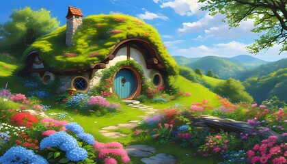 Whimsical round-door house on a lush green hill, embraced by colorful flowers beneath a bright blue sky, evoking a fairytale charm in tranquil countryside.