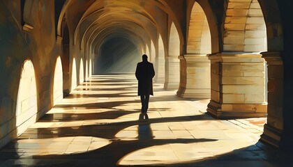 Wall Mural - Contemplative Solitude in a Sunlit Arched Corridor