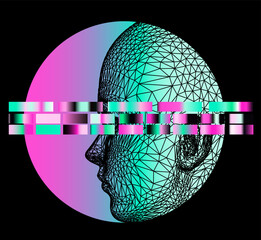 Wall Mural - Conceptual illustration of 3d head made of mesh on background of holographic green and pink circle. Futuristic art on the theme of technology and human.