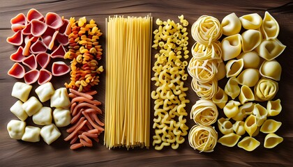 Artistic display of uncooked pasta shapes on rustic wooden surface, celebrating the variety of traditional Italian cuisine