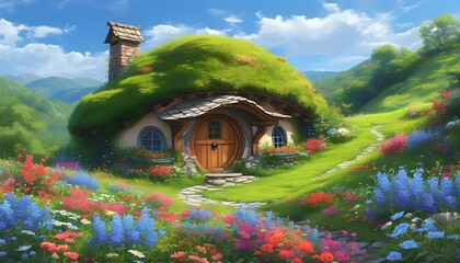 Whimsical round-door house on a lush green hill, embraced by colorful flowers beneath a bright blue sky, evoking a fairytale charm in tranquil countryside.