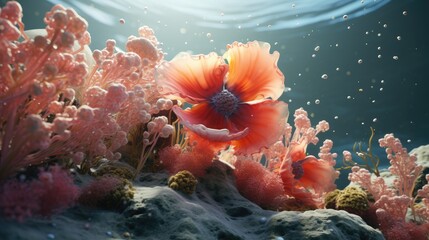 Wall Mural - a vibrant underwater scene with a large, delicate flower blooming amidst a bed of colorful coral.