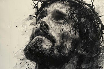 Jesus Christ with crown of thorns with sad face black illustration