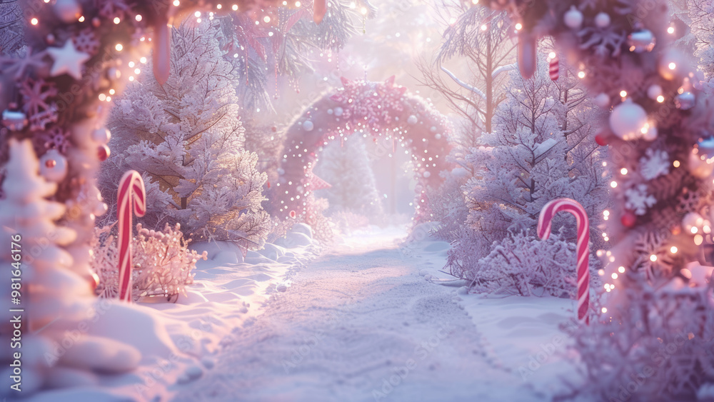 Candy cane Christmas wonderland with pink arches and frosted ...