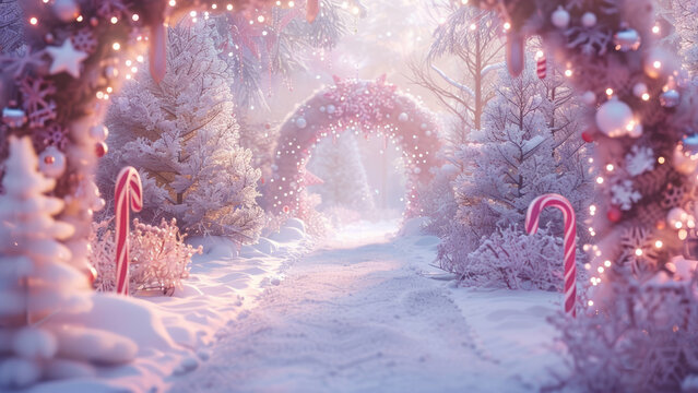 candy cane christmas wonderland with pink arches and frosted decorations.