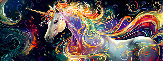 Illustration of Bright majestic Unicorn, with colorful background. Mythical Animals Concept.