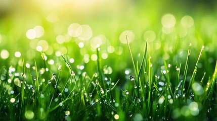 Dewdrops on Lush Green Grass Blades with Blurred Background