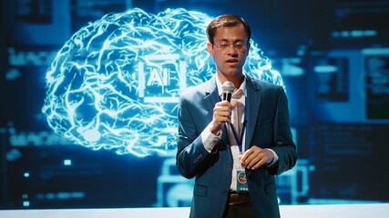 Poster - Speaker does presentation during tech conference, exploring successful implementation of AI in driving forward startup businesses, sharing latest machine learning discoveries, camera A