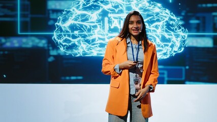 Poster - Lively speaker talks at AI event gathering tech startups managers, investors and academics. Expert hosts sessions geared towards helping IT business leaders tap into artificial intelligence, camera A
