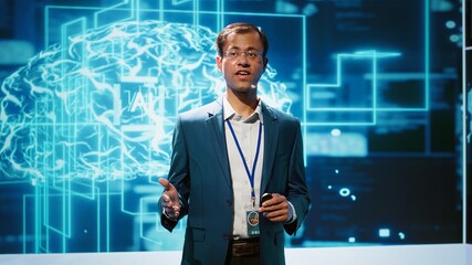 Poster - Presenter talking in front of world leading technology specialists and researchers meeting at artificial intelligence conference. Data scientist showcasing latest innovations in AI industry, camera A