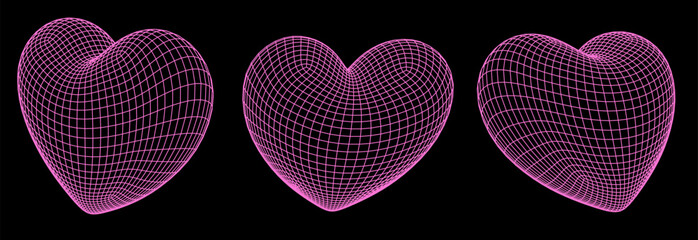 Poster - Set of 3D pink hearts made of wireframe on a dark background.