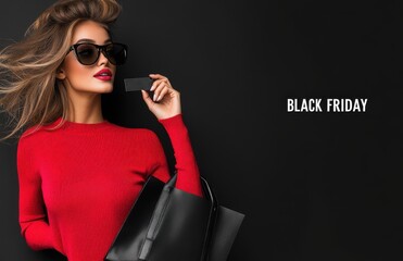 Aufkleber - Black Friday sale banner with a beautiful woman in a red sweater, sunglasses, and a black shopping bag, isolated on a dark background. 