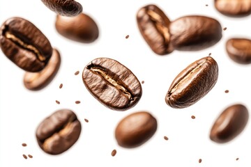 Coffee beans falling in the air isolated on a white background. Coffee beans flying, ai