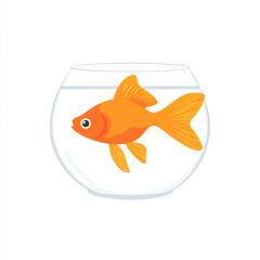 Flat illustration of a goldfish swimming in a simple bowl, with bright orange colors and minimalistic water details, isolated on white.