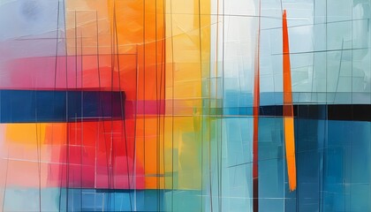 Wall Mural - Vibrant geometric abstraction featuring bold lines and overlapping shapes in a captivating gradient palette