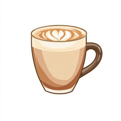 Flat design of a latte cup with foam art, in a clean, minimalist style, isolated on a white background.