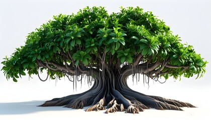 Wall Mural - 3D depiction of a tropical banyan tree featuring aerial roots and a broad spreading canopy against a white backdrop