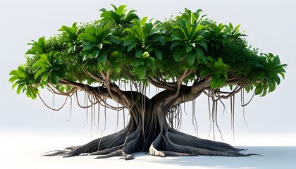 3D depiction of a tropical banyan tree featuring aerial roots and a broad spreading canopy against a white backdrop