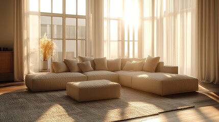 Wall Mural - Elegant living room featuring a sectional sofa, textured rug, and a square ottoman, illuminated by sunlight streaming through a large window.