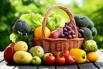 Wall Mural - Fresh organic fruits and vegetables in wicker basket, ai