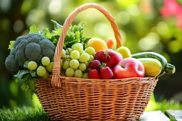 Wall Mural - Fresh organic fruits and vegetables in wicker basket, ai