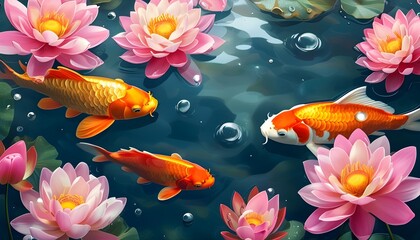 Serene pink gold lotus blossoms floating on water with koi fish swimming gracefully beneath the surface