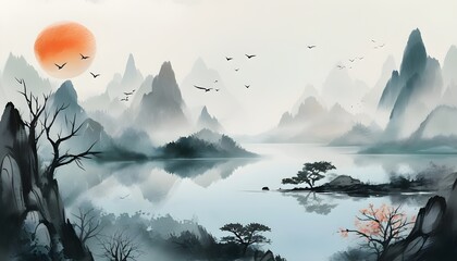 Wall Mural - Serene Ink Landscape Illustration with Ethereal Background Elements