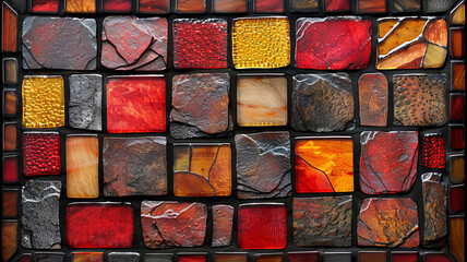 Poster - A vibrant mosaic artwork composed of various red and orange tiles arranged in a captivating pattern. The textures and colors create an intriguing visual impact that draws attention.
