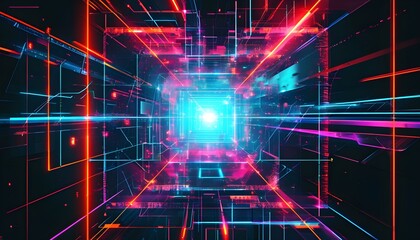 Futuristic cyberpunk abstract poster with glowing geometric patterns and digital technology elements