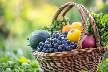 Wall Mural - Fresh organic fruits and vegetables in wicker basket, ai