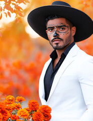 Poster - A handsome man with sugar skull death mask in a field of orange marigolds, wearing a hat and white suit. 