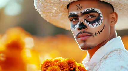 Poster - A handsome man with sugar skull death mask in a field of orange marigolds, wearing a hat and white suit. 