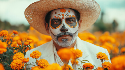 Poster - A handsome man with sugar skull death mask in a field of orange marigolds, wearing a hat and white suit. 