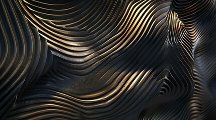 Canvas Print - Abstract 3D background with a dark metallic, wavy pattern.