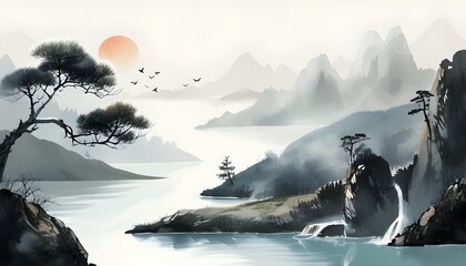 Wall Mural - Serene Ink Landscape Illustration with Ethereal Background Elements