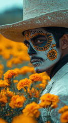 Poster - A handsome man with sugar skull death mask in a field of orange marigolds, wearing a hat and white suit. 