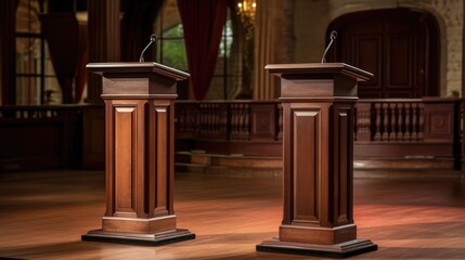 Two wooden podiums with microphones stand in a grand hall, ready for a debate or presentation.