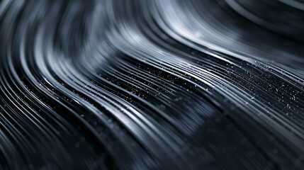 Abstract, futuristic background of wavy, metallic lines with glowing particles.