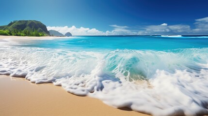 Wall Mural - A beautiful beach scene with crystal clear water and white sand. The waves are crashing on the shore, creating a sense of peace and tranquility.