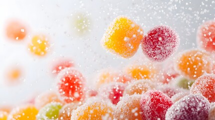 Colorful fruit marmalade sweets: Flying with icing sugar on white background
